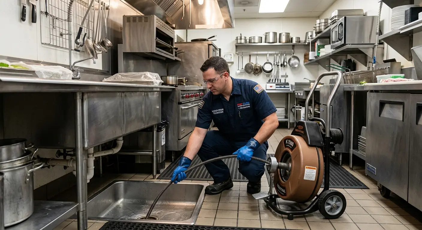 Commercial drain cleaning service in a restaurant kitchen in Ridley